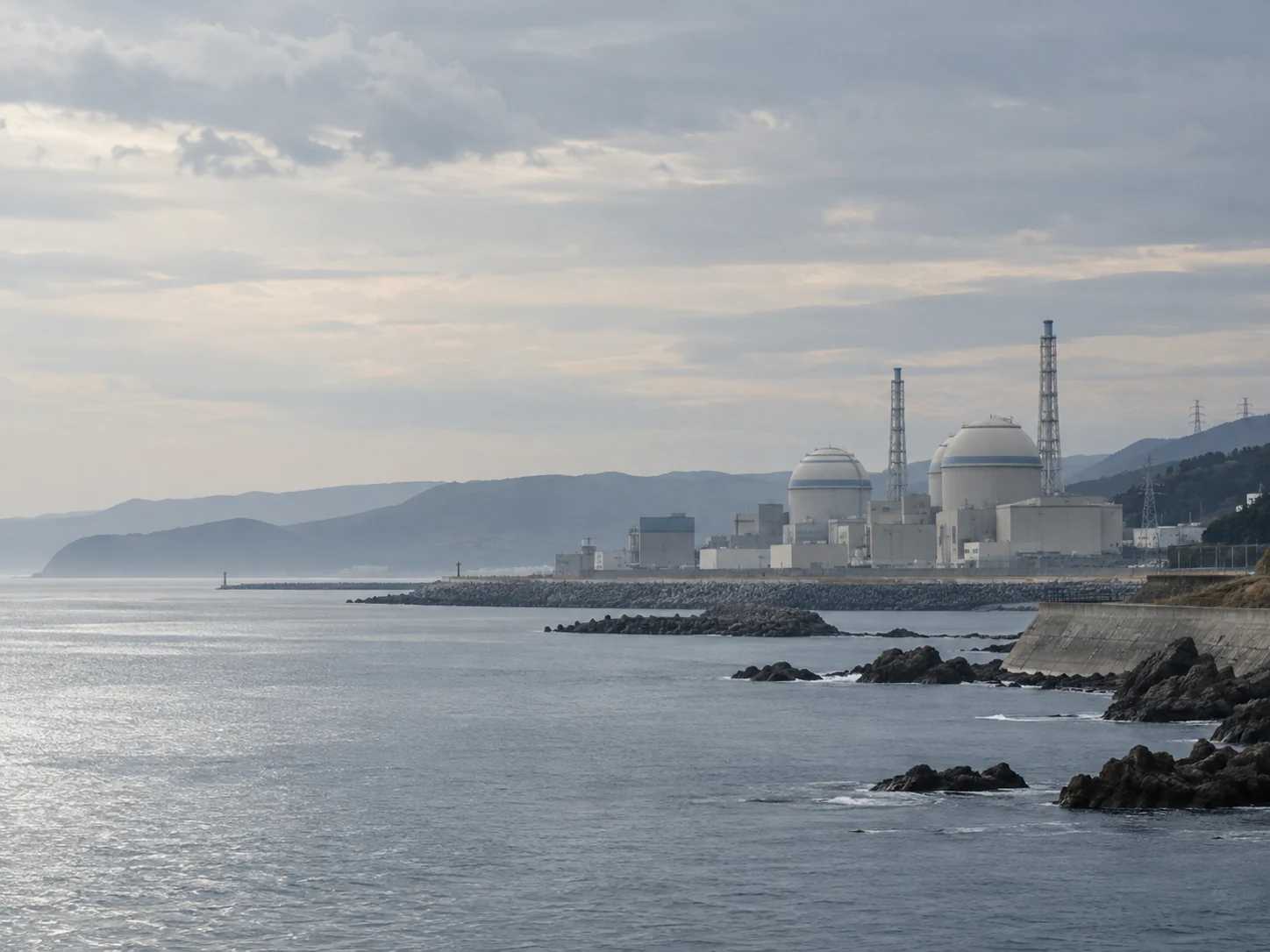 محطة نووية على الساحل تحت سماء غائمة، والجبال في الخلفية.