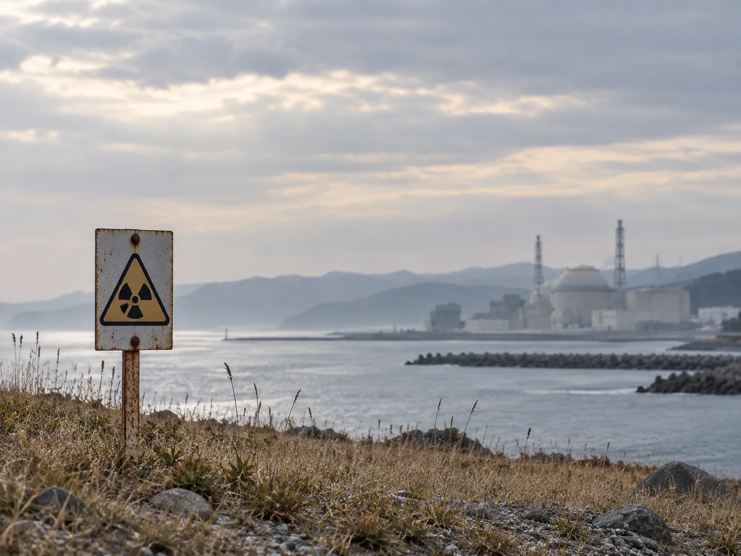Cartello di pericolo radiazioni sulla costa, con una centrale nucleare in lontananza.