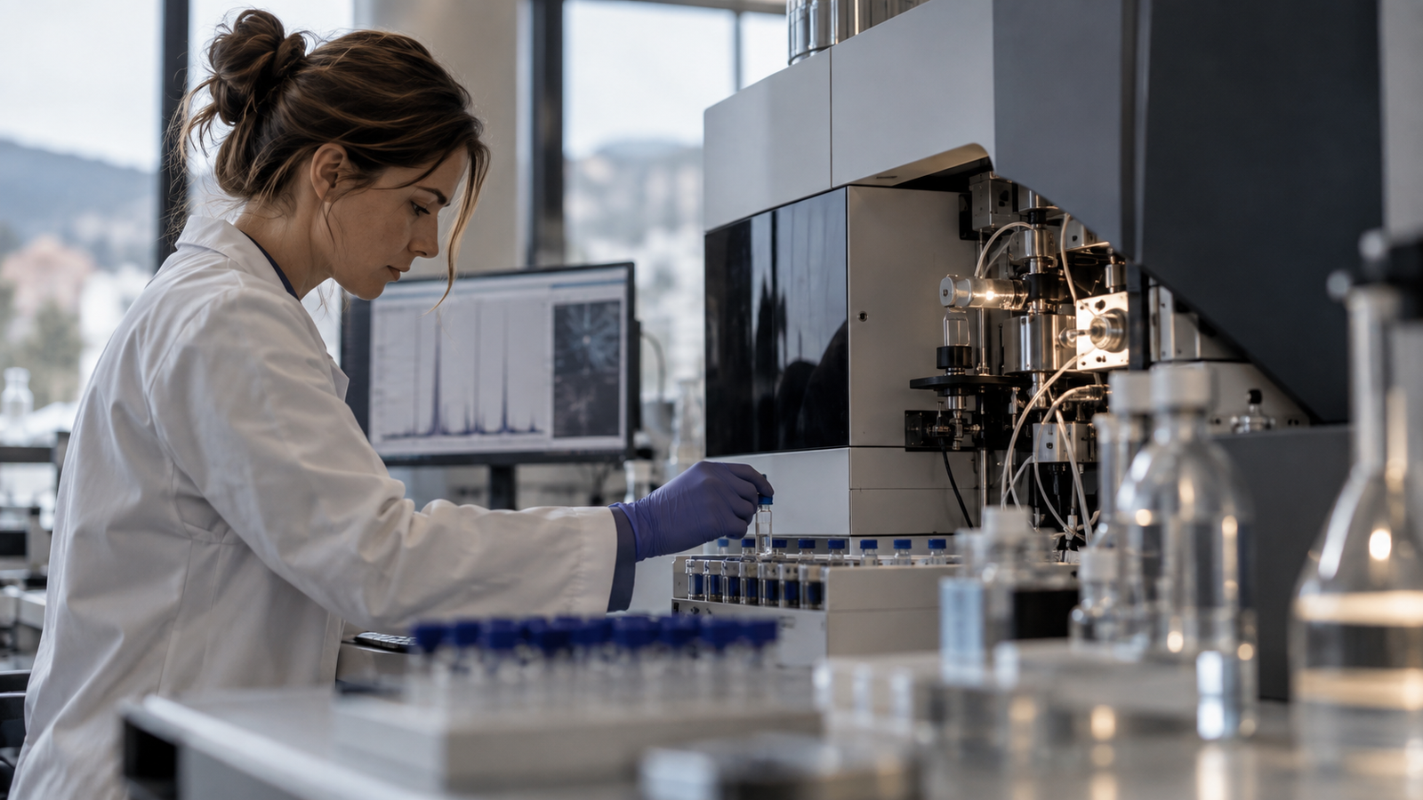 Scienziato forense analizza con ICP-MS uranio e metalli pesanti nel tessuto bioptico.