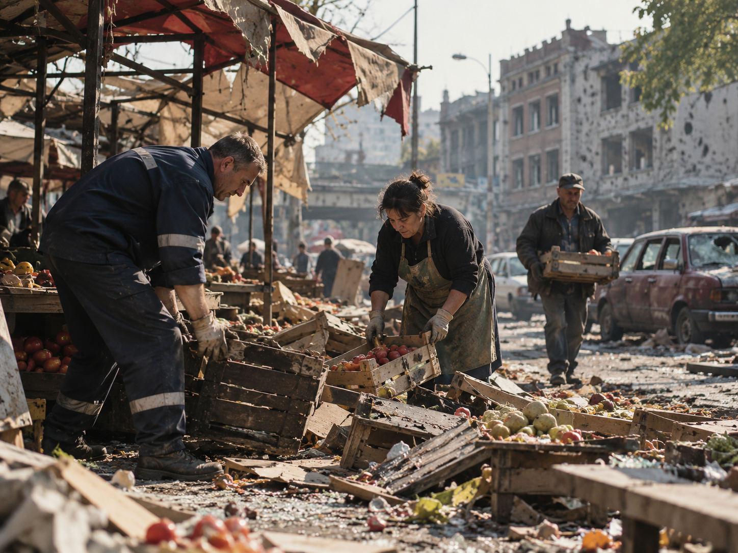 Niš dopo l'attacco con bombe a grappolo del 7 maggio 1999, con soccorritori vicino al mercato e all'ospedale danneggiati.