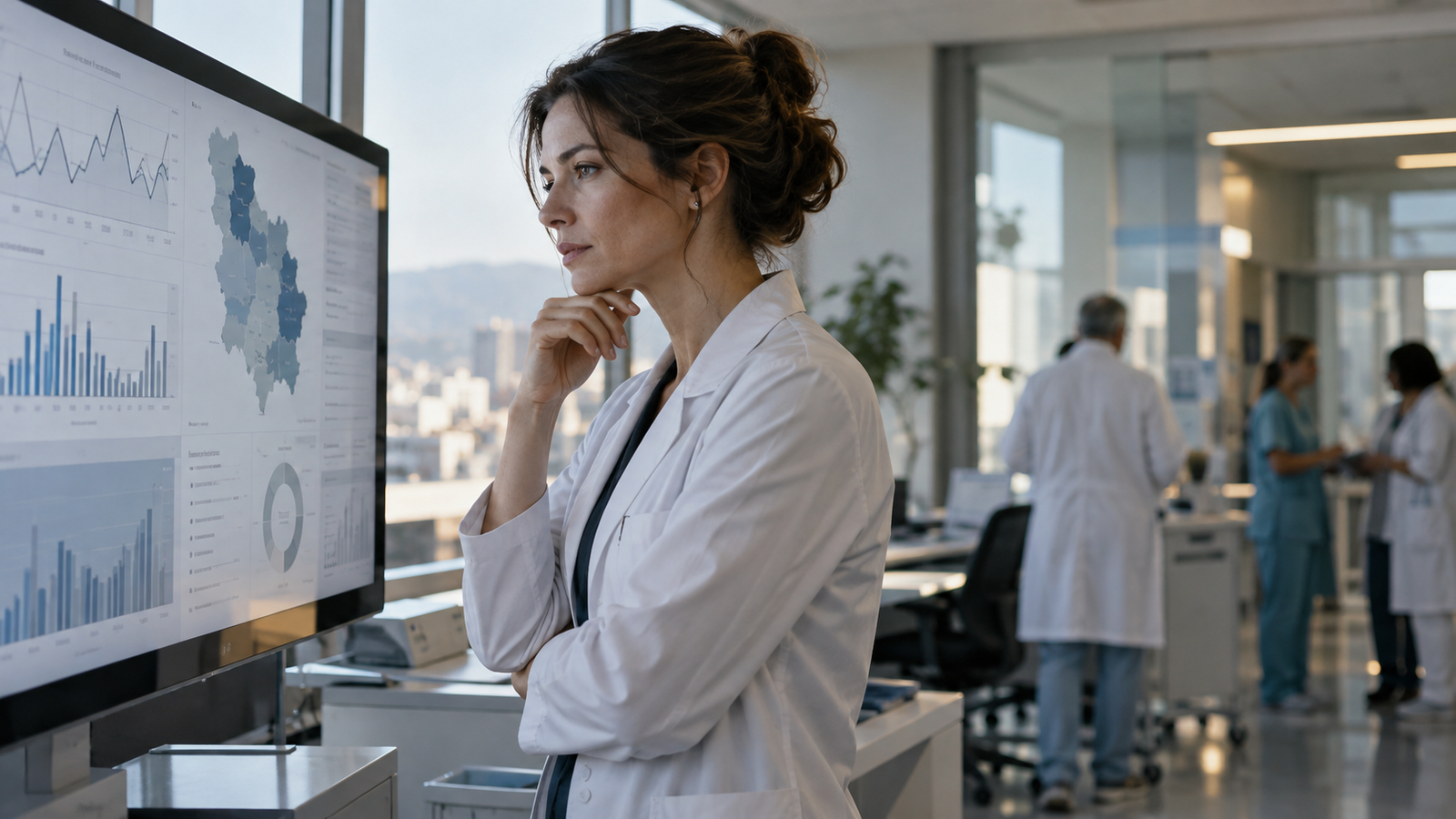 Public health researcher reviewing cancer registry data in a Serbian hospital