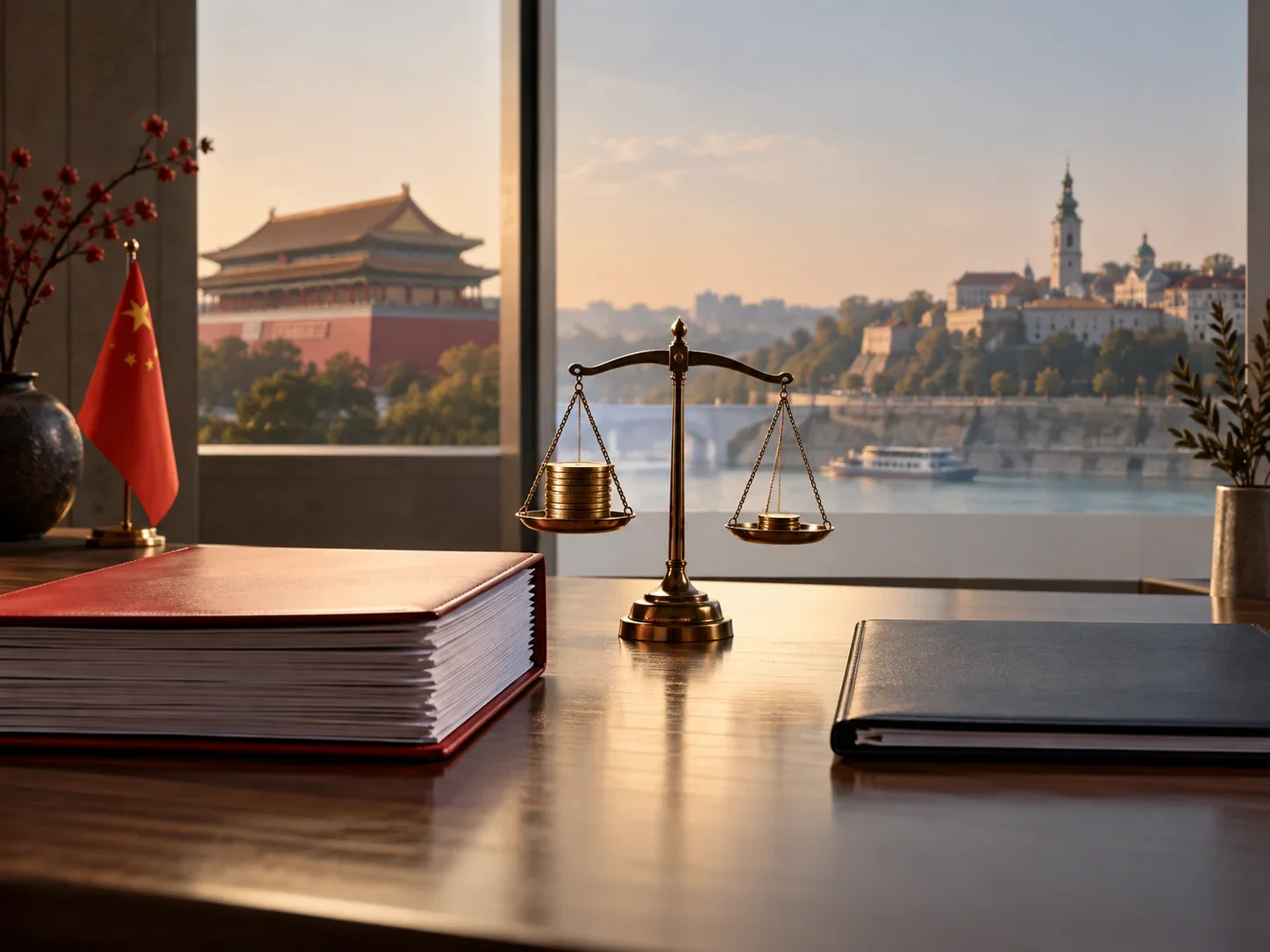 Una balanza de la justicia pesando monedas sobre un escritorio, con una puerta de palacio china y la ribera de Belgrado al fondo