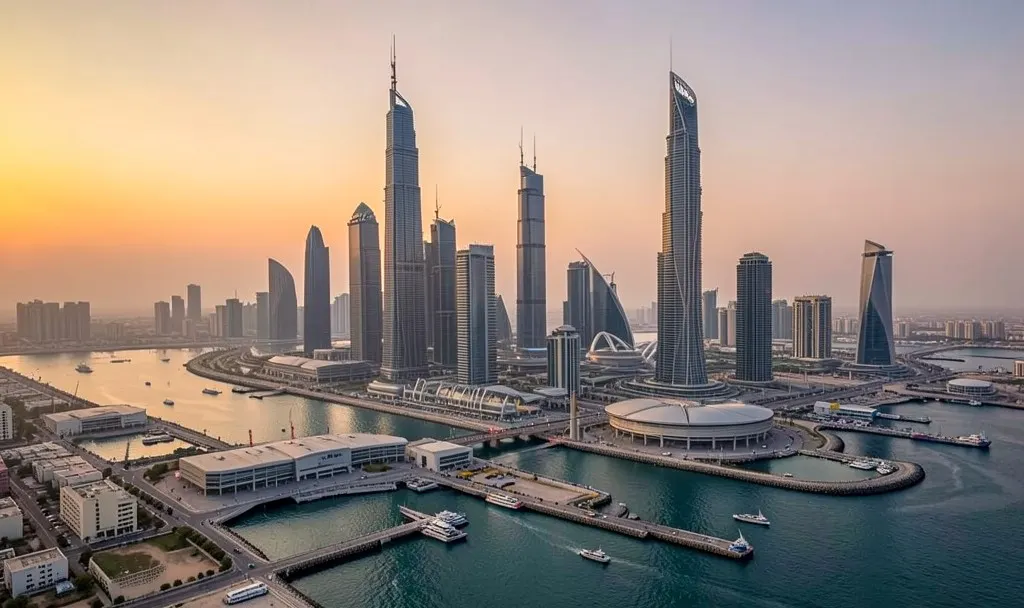 Skyline und Uferpromenade einer Stadt am Golf in der Abenddämmerung