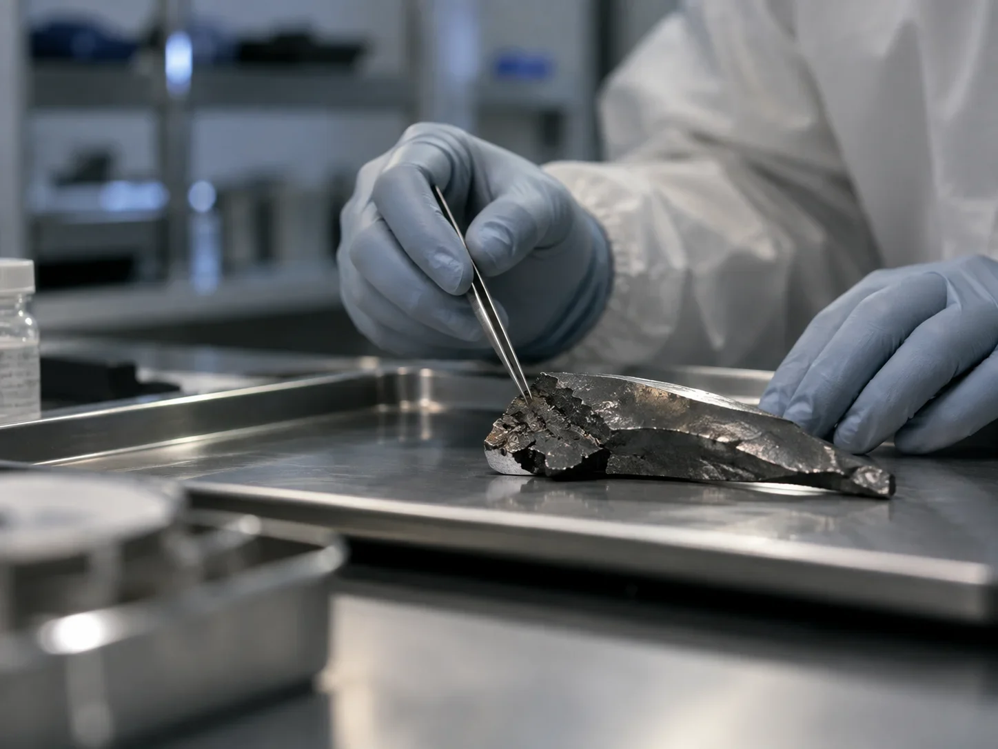 Laborwissenschaftler untersucht ein beschädigtes Metallfragment, das mit einer Exposition gegenüber abgereichertem Uran in Verbindung steht